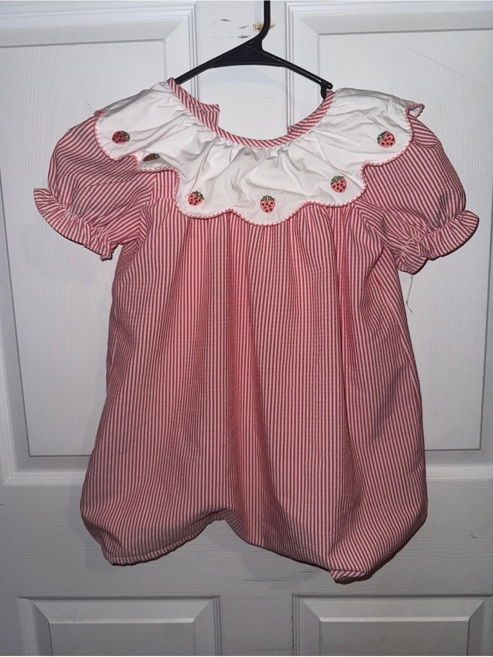 Girls Pink Striped Bubble Dress with Embroidered White Scallop Collar
